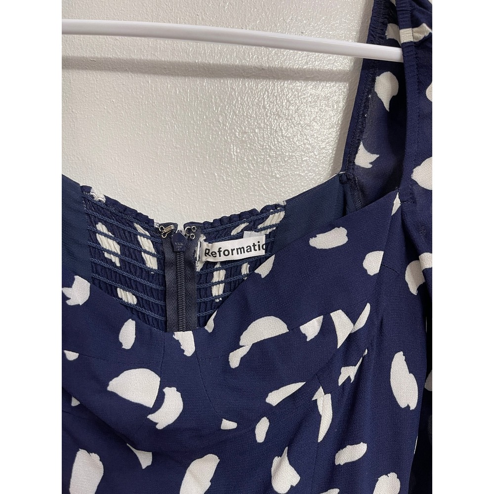Reformation Cammi Dress Splatter Polka Dot Blue Mini Size 2 Puff‎ Sleeve Ruffle - Picture 4 of 4